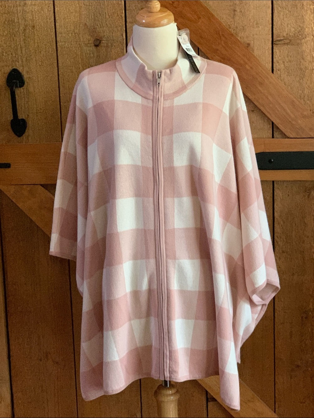 NWT PRESWICK & MOORE Pink & White Buffalo Check Zip-Up Poncho Size 1X